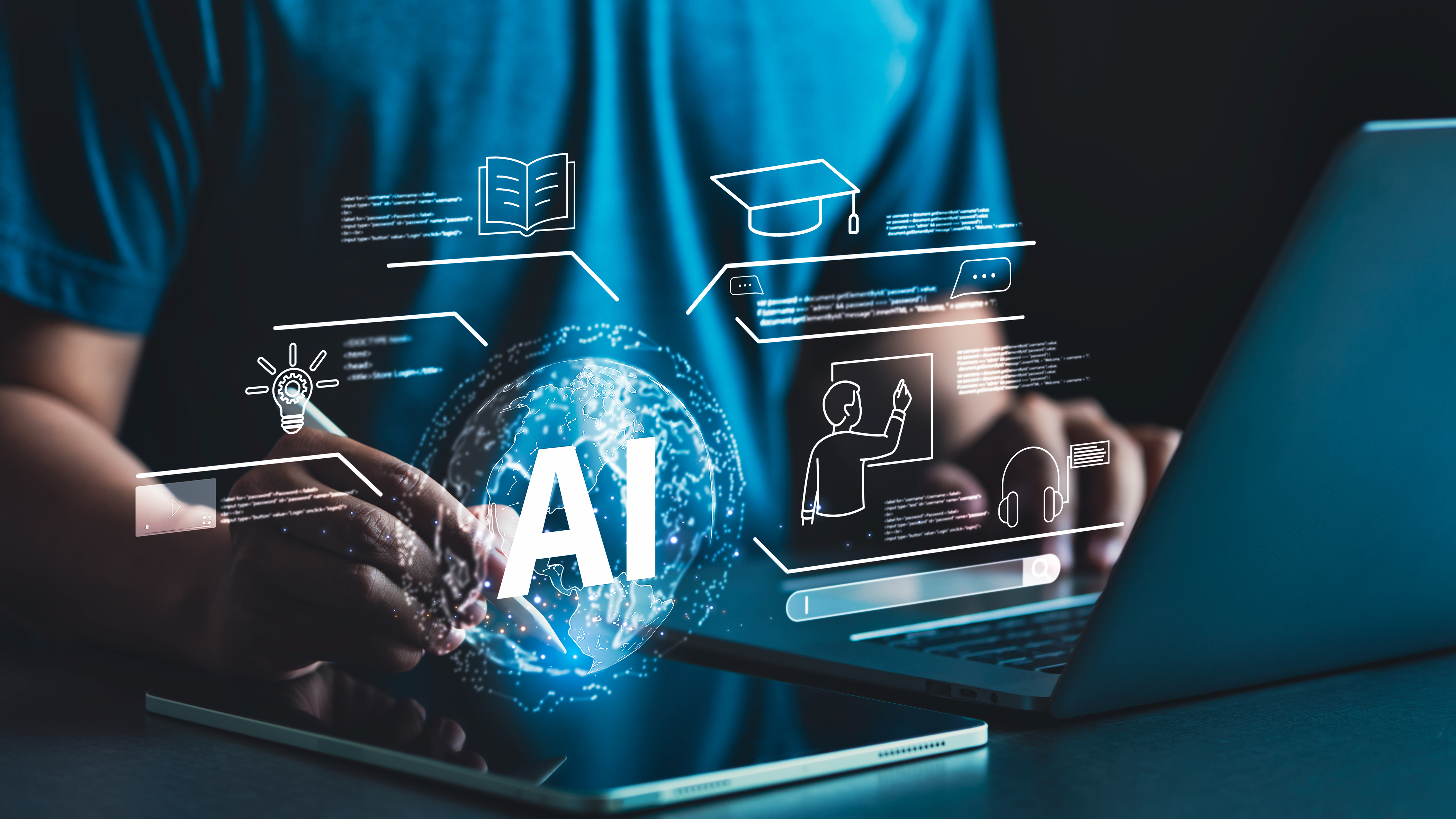 An AI-enabled learning environment with a learner working on AI-powered tools
